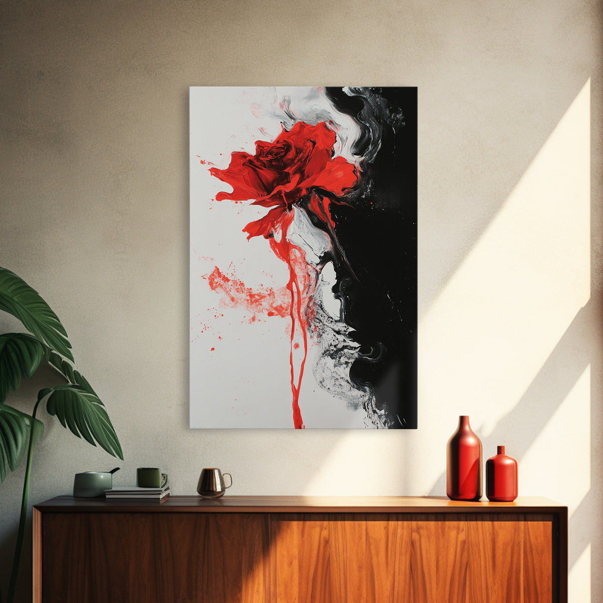Abstract Red Rose Painting Canvas Print, Vintage Inspired Flower Print, Vintage French Country Art, Duality Art, Statement Piece, Center Piece Art