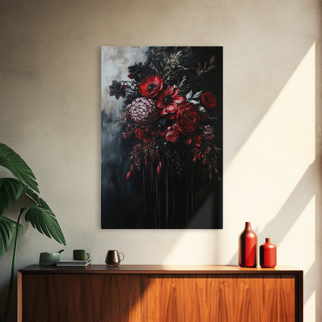 Dark Academia Blood Roses Framed Canvas Print, Halloween Decor, Macabre Art, Macabre Flowers, Halloween Wall Art, Gothic Decor, Dark Home Decor