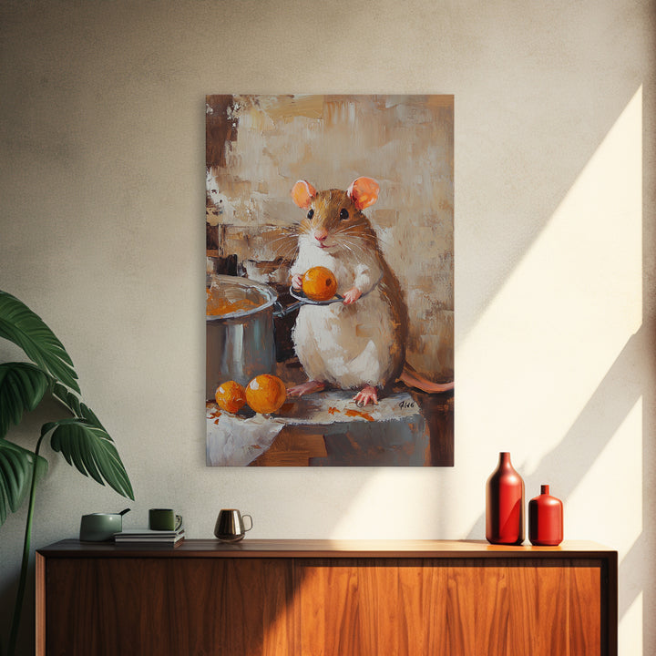 Rats with Jobs, Framed Canvas Print, Rat Painting, The Rat Chef, Cute Rat Home Decor, Rat Cooking Stew