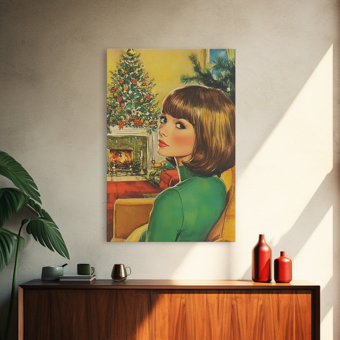 Christmas Postcard Style Art, Home Decor, Christmas Wall Art, Framed Canvas Print, 1950s Christmas Style Wall Art, Christmas Postcard Art