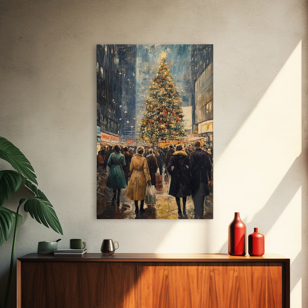 Christmas Village Wall Art Canvas print - Christmas Painting - Christmas Shopeprs in NYC in the 1950s - Christmas Decor - Winter Wall Art