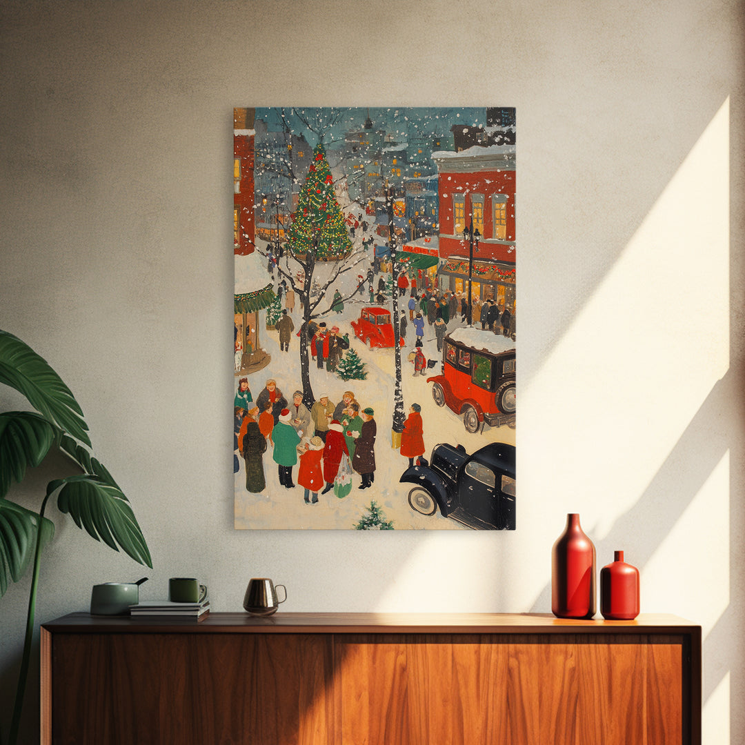 Christmas Village Home Decor - Framed Canvas Print - Retro Christmas Village Painting - Christmas Shoppers Painting - Retro Christmas Decor