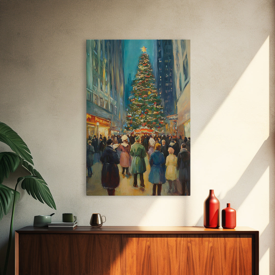 Christmas in Town Sqaure Framed Canvas Print, Retro Christmas Village Wall Art, Christmas Decor, Christmas Wall Art, Farmhouse Christmas