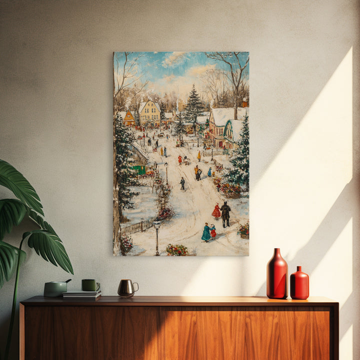 Christmas Village Mantle Painting, Christmas Mantle Wall Art, Framed Canvas Print, Retro Christmas, Vintage Christmas Painting Wall Art