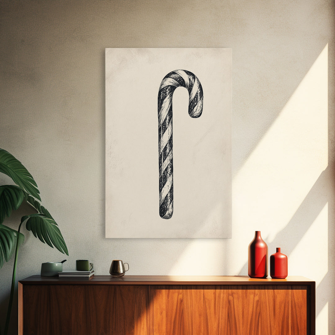 Black and White Candy Cane Sketch, Canvas Print, Christmas Decor, Christmas Painting, Christmas Wall Art