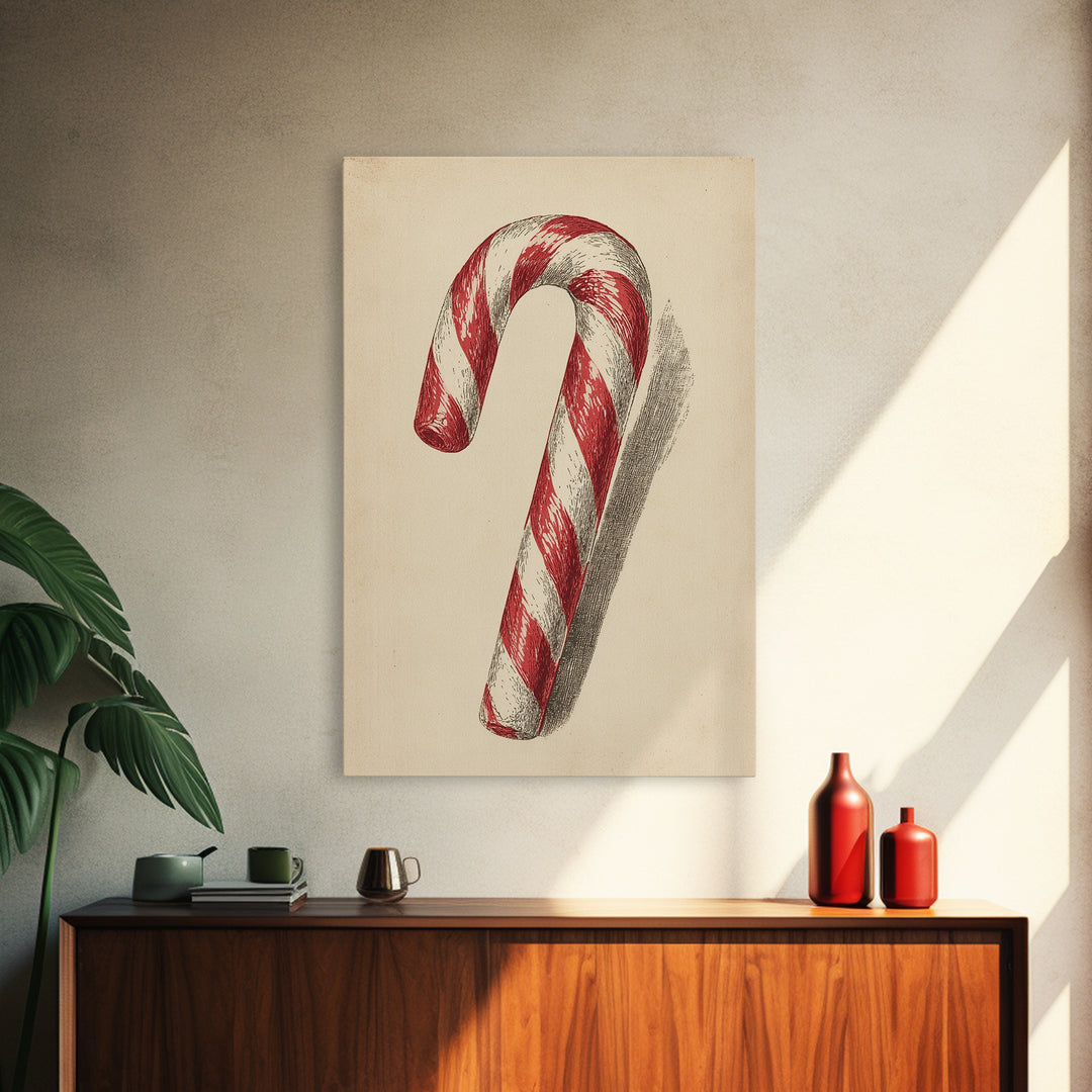 Christmas Wall Art - Candy Cane Sketch - Framed Canvas Print - Candy Cane Decor - Christmas Home Decor