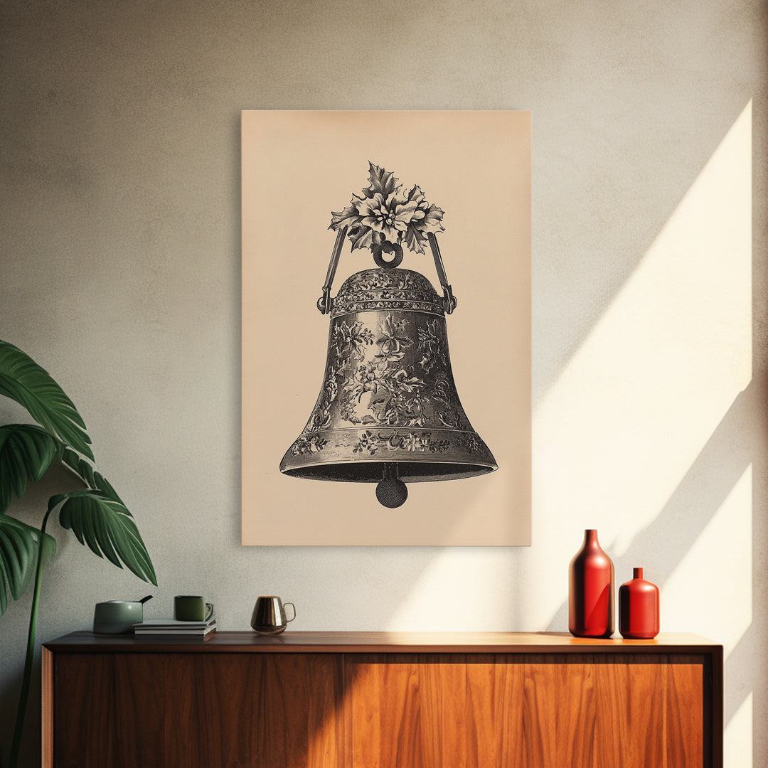 Boho Christmas Bell Painting Print - Framed Canvas - Minimalist Christmas Art - Boho Christmas Art - Rustic Christmas Art