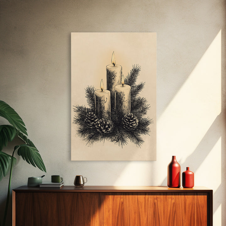 Boho Christmas Candles Canvas Print - Framed Canvas - Minimalist Christmas Art - Boho Christmas Art - Rustic Christmas Art