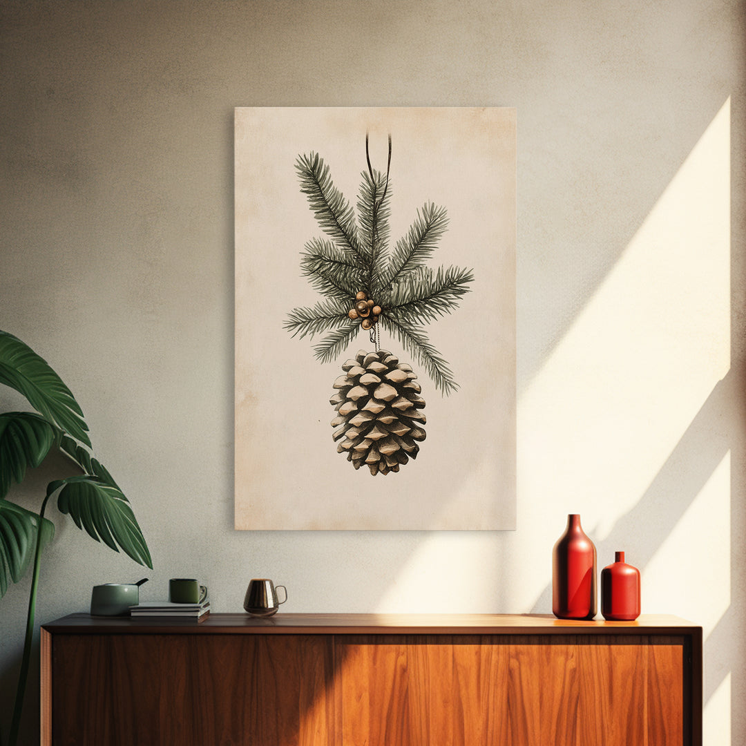 Boho Christmas Pinecone Canvas Print - Framed Canvas - Minimalist Christmas Art - Boho Christmas Art - Rustic Christmas Art
