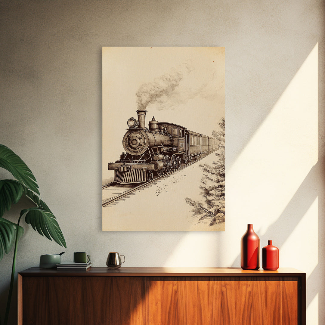 Boho Christmas Train Canvas Print - Framed Canvas - Minimalist Christmas Art - Boho Christmas Art - Rustic Christmas Art