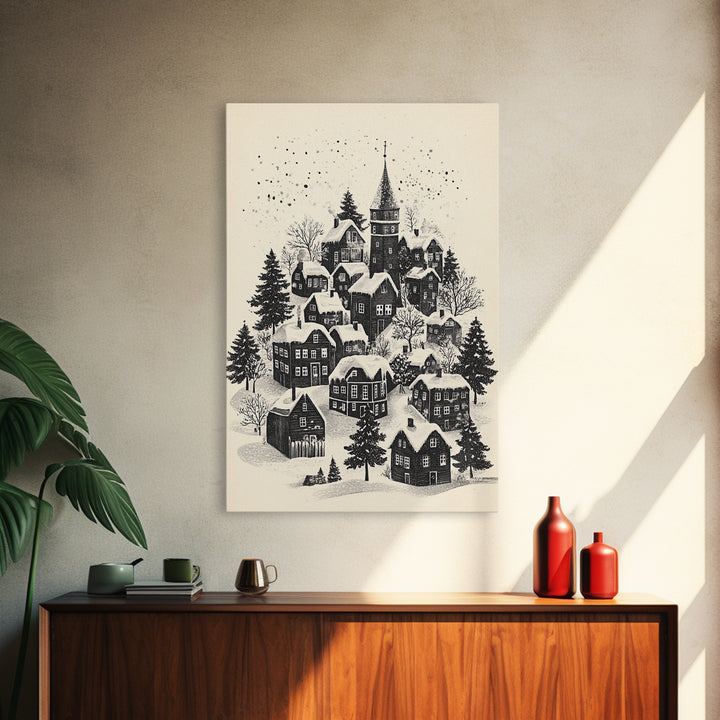 Black and White Sketch of A Christmas Village Canvas Print - Framed Canvas - Minimalist Christmas Art - Boho Christmas Art - Rustic Christmas Art
