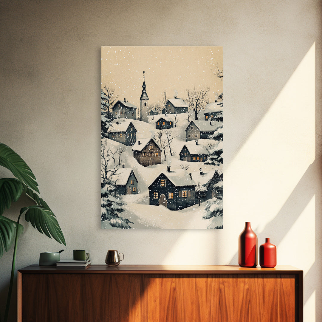 Christmas Village Canvas Print - Framed Canvas - Minimalist Christmas Art - Boho Christmas Art - Rustic Christmas Art