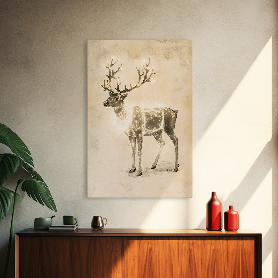 Christmas Reindeer Canvas Print - Framed Canvas - Minimalist Christmas Art - Boho Christmas Decor - Rustic Christmas Art