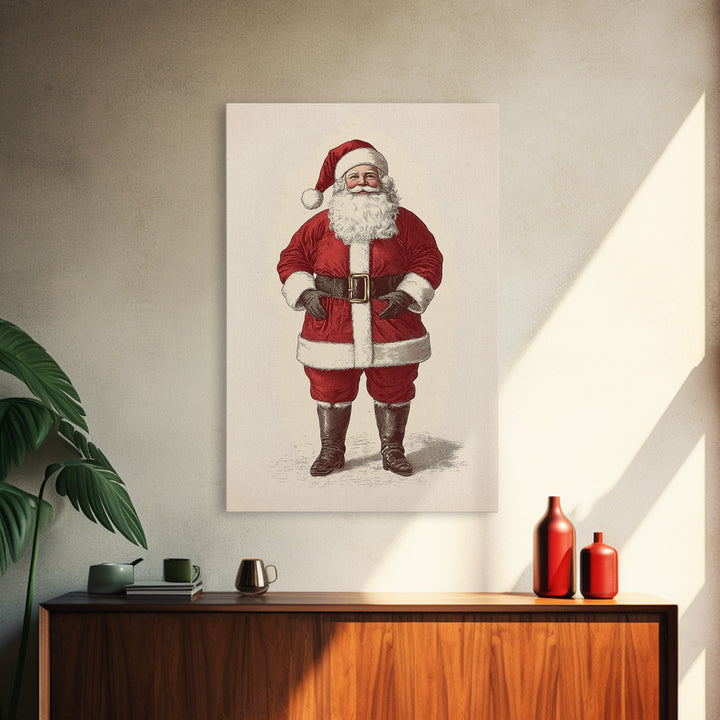 Cheerful Santa Clause Canvas Print - Framed Canvas - Minimalist Christmas Art - Boho Christmas Art - Rustic Christmas Art