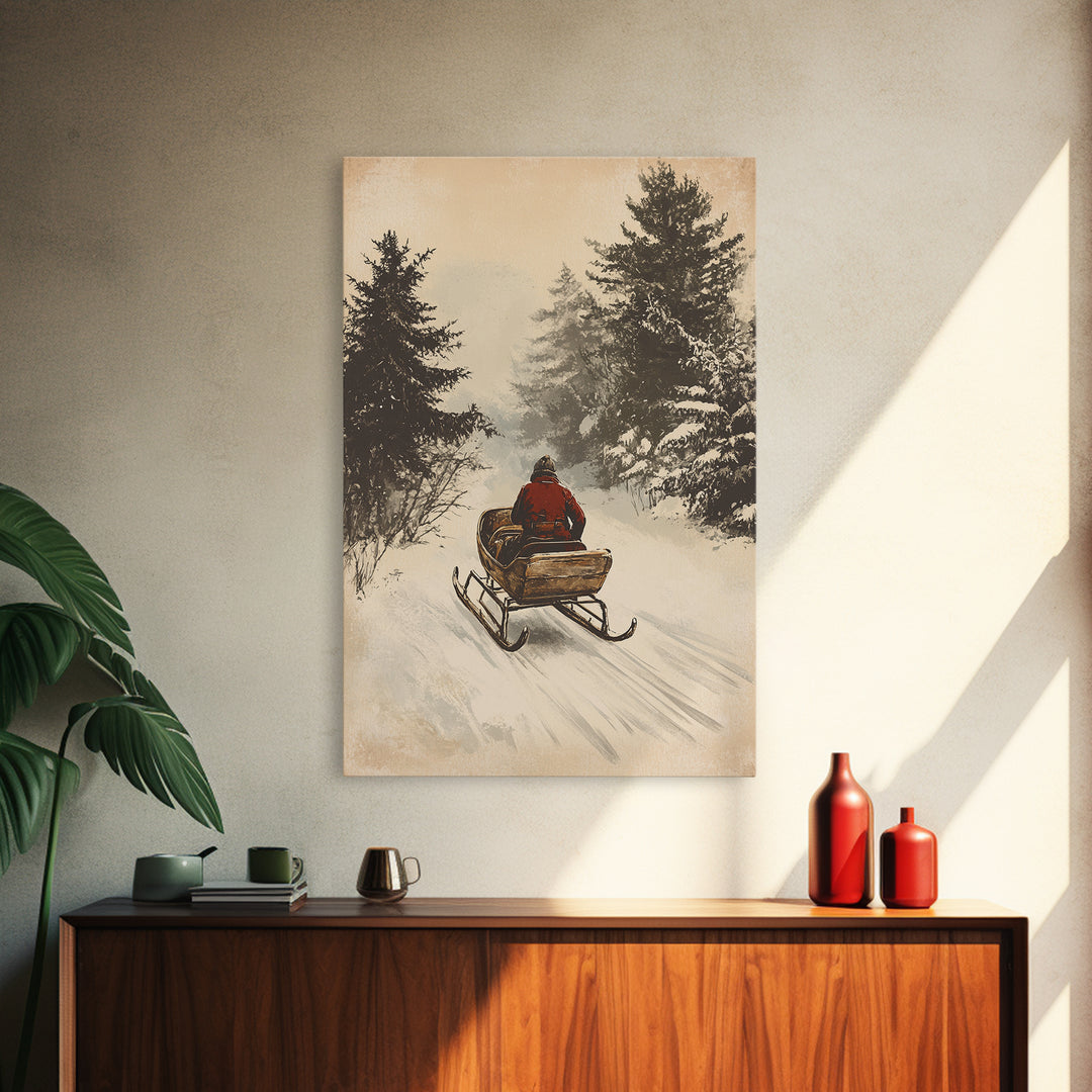 Christmas Sleigh Ride Canvas Print - Framed Canvas - Minimalist Christmas Art - Boho Christmas Art - Rustic Christmas Art