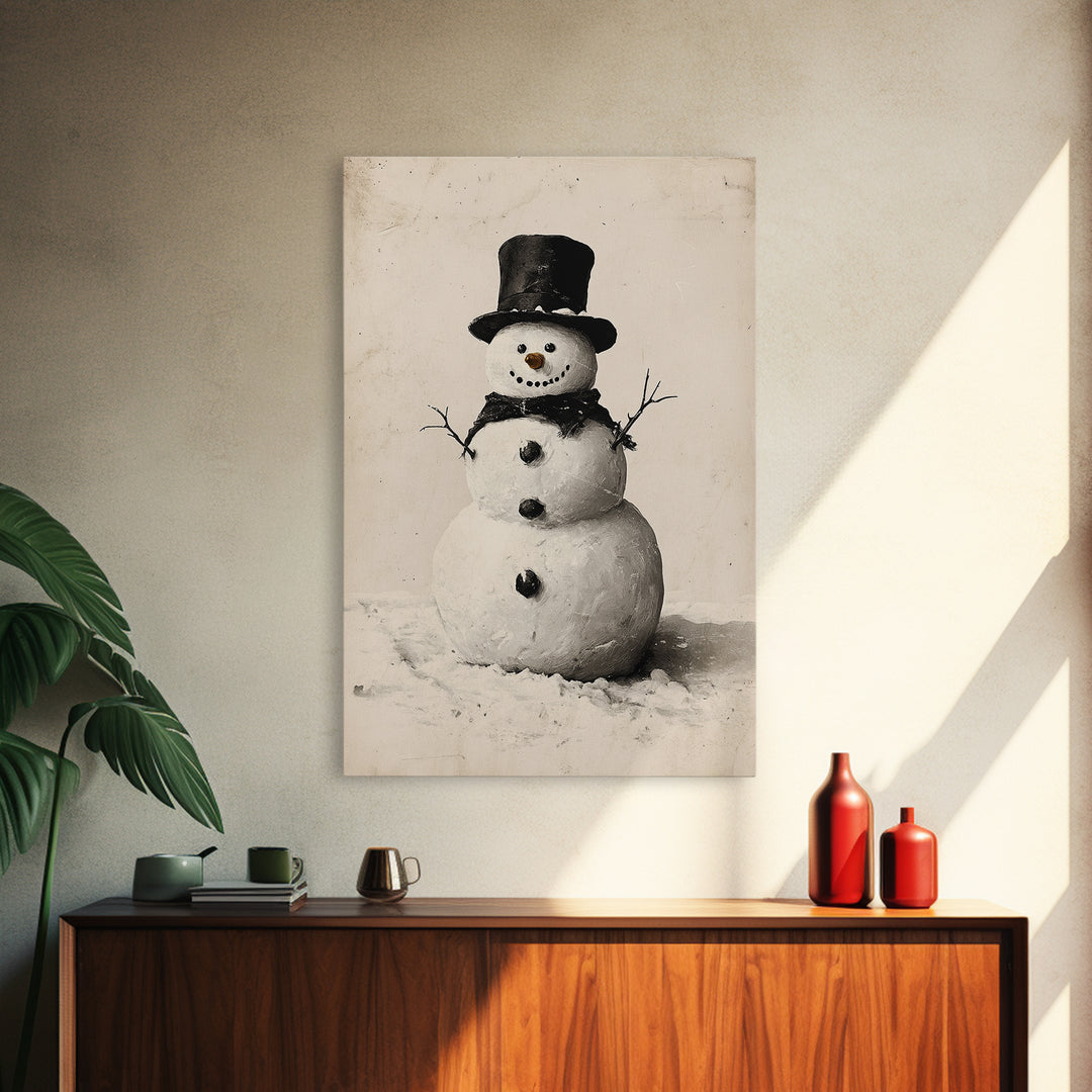 Christmas Snowman Sketch Canvas Print - Framed Canvas - Minimalist Christmas Art - Boho Christmas Art - Rustic Christmas Art