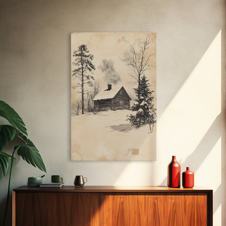 Christmas Cabin Canvas Print - Framed Canvas - Minimalist Christmas Art - Boho Christmas Art - Rustic Christmas Art