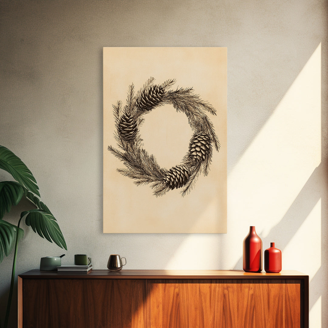 Christmas Wreath Canvas Print - Framed Canvas - Minimalist Christmas Art - Boho Christmas Art - Rustic Christmas Art