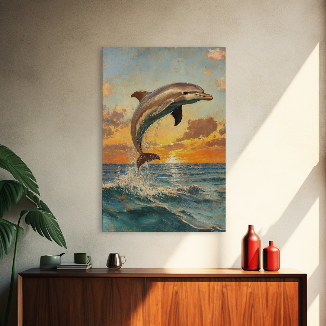 Dolphin Jumping At Sunset, Framed Canvas Print, Dolphin Painting, Dolphin Decor, Dolphin Wall Art