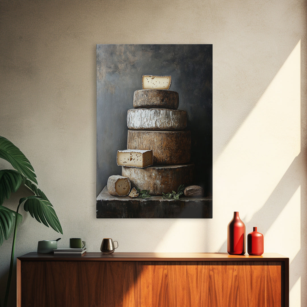 Cheese Wall Art Framed Canvas Print, Cheese Still Life, Cheese Painting, Kitchen Decor, Dining Room Wall Art, Rustic Farmhouse Kitchen Art