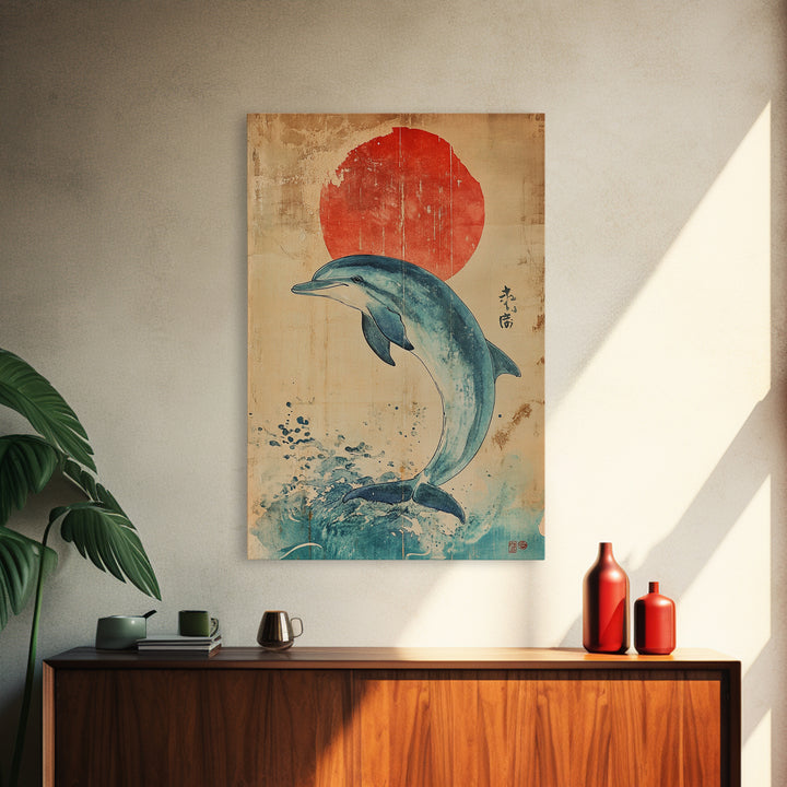 Dolphin Jumping Under A Sunset Over the Ocean Framed Canvas Print, Wabi Sabi Nautical Home Decor, Minimalist Wall Art, Office Decor
