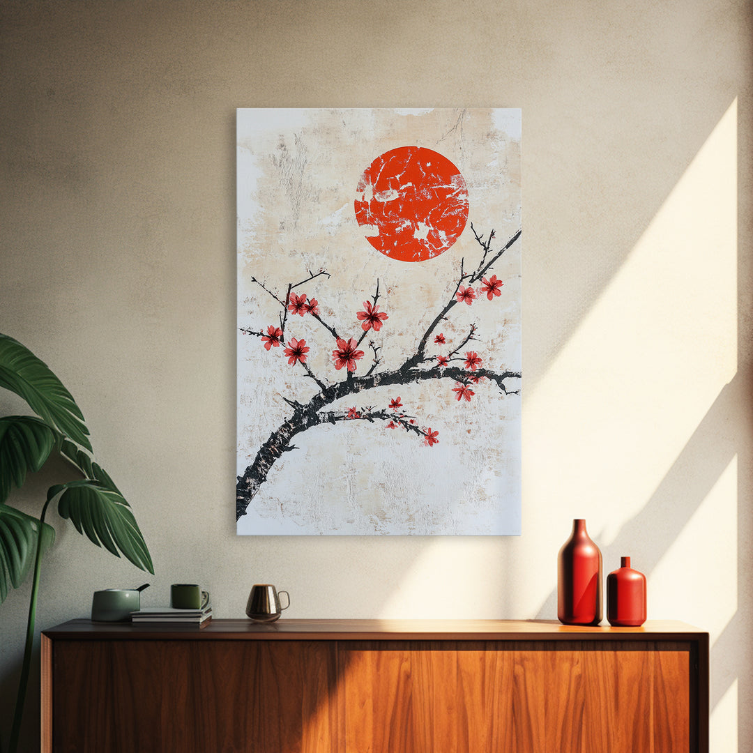 Cherry Blossoms and Sunset Framed Canvas Print - Minimalist Wabi Sabi Wall Art - Cherry Blossoms Painting - Home Decor - Japanese Style Art