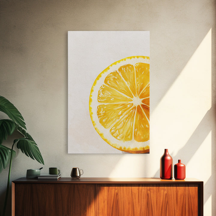 Closeup of a Lemon Wedge Framed Canvas Print, Original Still Life Painting of a Lemon, Housewarming Gift, Kitchen Food Wall Art, Kitchen Decor