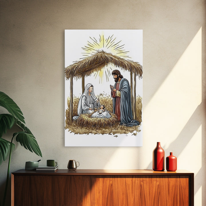 Retro Nativity Painting Print, Christmas Wall Art, Jesus in his Manger, Nativity Wall Art, Rustic Christmas Decor