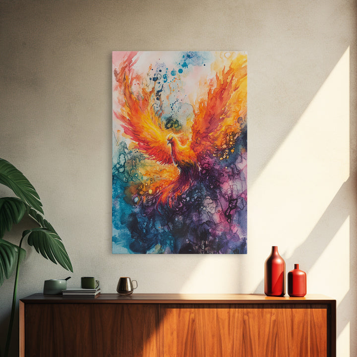 Rising Phoenix Canvas Print Wall Art - Majestric Watercolor Painting On Vertical Canvas, Framed and Ready To Hang, Hardware Included