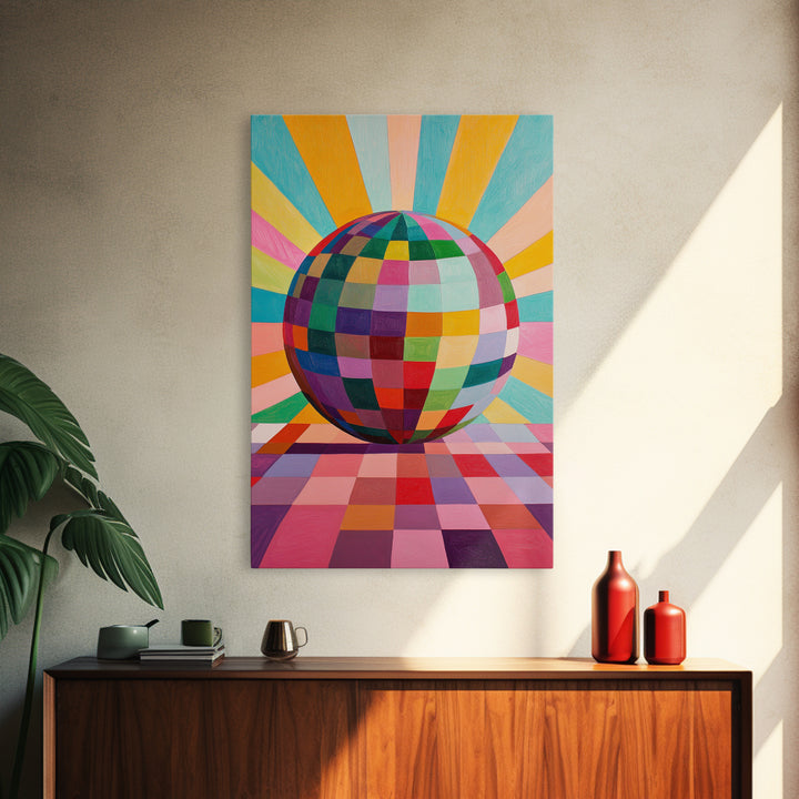 Abstract Disco Ball Painting Canvas Print, Wood Framed Art, Original Art, Disco Ball Art, Disco Ball Poster, Rainbow Disco Ball
