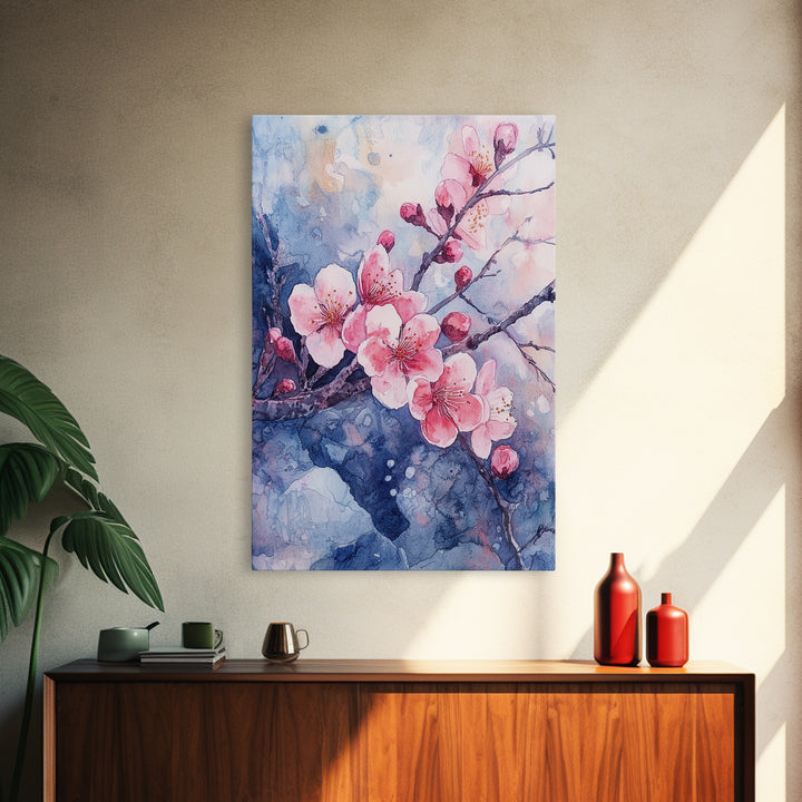 Cherry Blossoms Wall Art, Framed Canvas Print, Ready To Hang, Boho Decor, Minimalist Cherry Blossom Painting, Home Decor Living Room