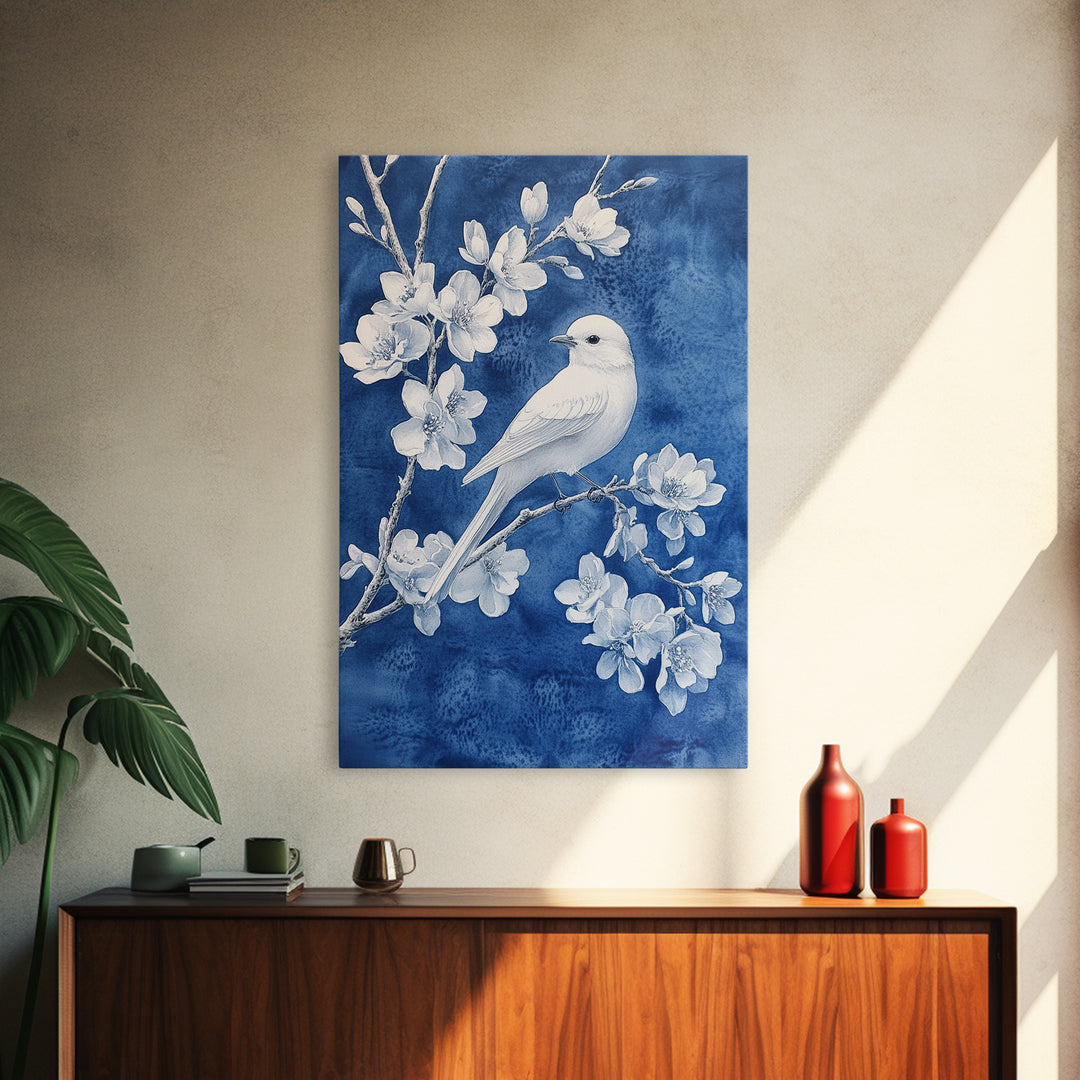 Blue Botanial Wall Art Chinoiserie Wall Art, White Bird, Blue Chinoiserie Home Decor, Botanical Print, Bird Painting, Framed Canvas Print