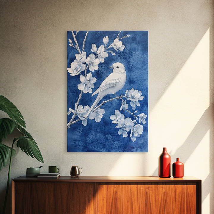 Blue Botanial Wall Art Chinoiserie Wall Art, White Bird, Blue Chinoiserie Home Decor, Botanical Print, Bird Painting, Framed Canvas Print