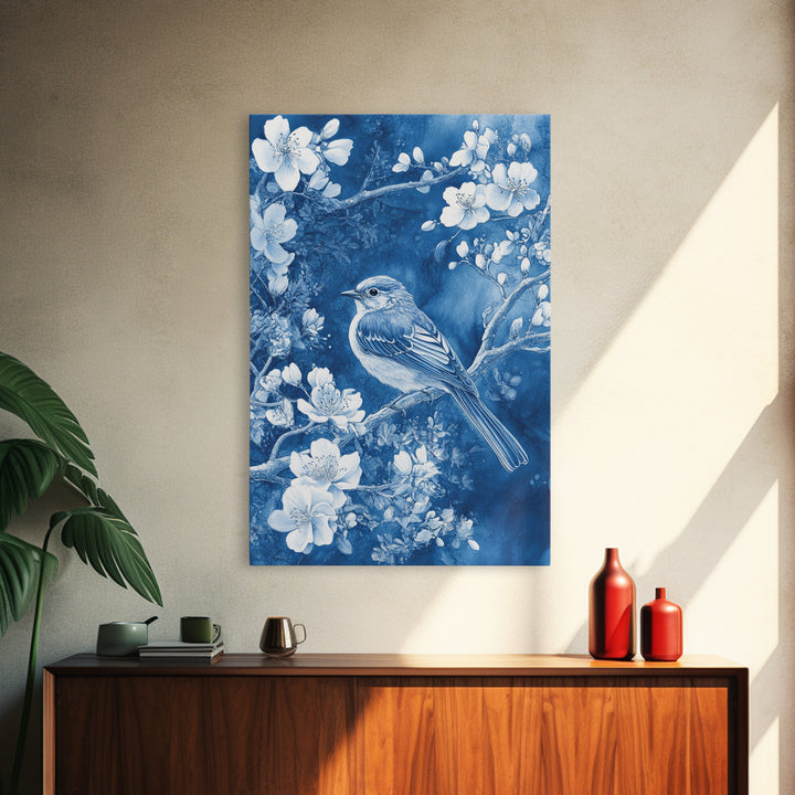 Blue Botanial Wall Art Chinoiserie Wall Art, White Bird, Blue Chinoiserie Home Decor, Botanical Print, Bird Painting, Ready To Hang