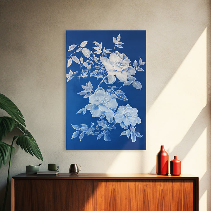 Blue Botanical Wall Art Chinoiserie Wall Art, Wall Decor Minimalist Wall Art, Blue Roses, Botanical Print Wall Art