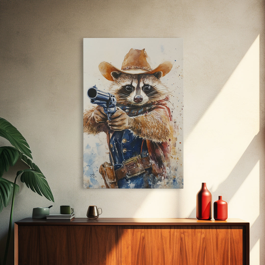 Rootin' Tootin' Racoon Cowboy, Framed Canvas Print, Ready to Hang, Racoon Painting