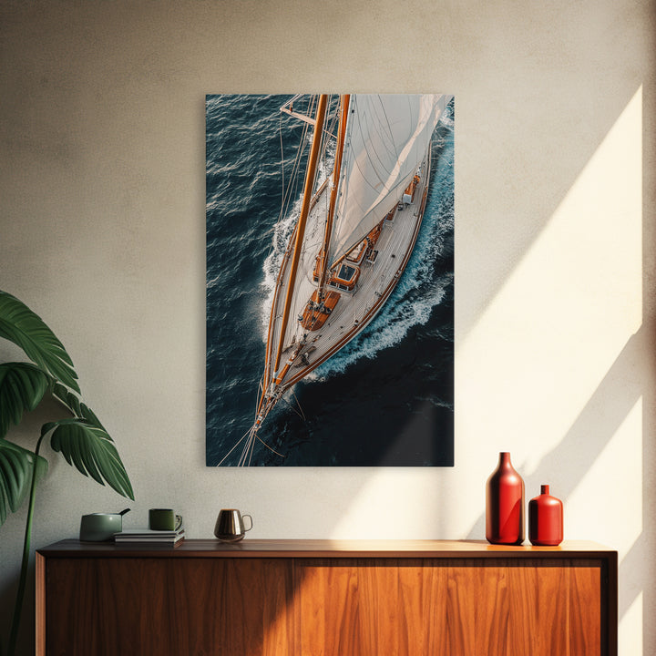 Bird's Eye View Of A Sailboat, Framed Canvas Print, Sail Boat Photography Print, Sailboat Painting, Nautical Decor, Nautical Wall Art