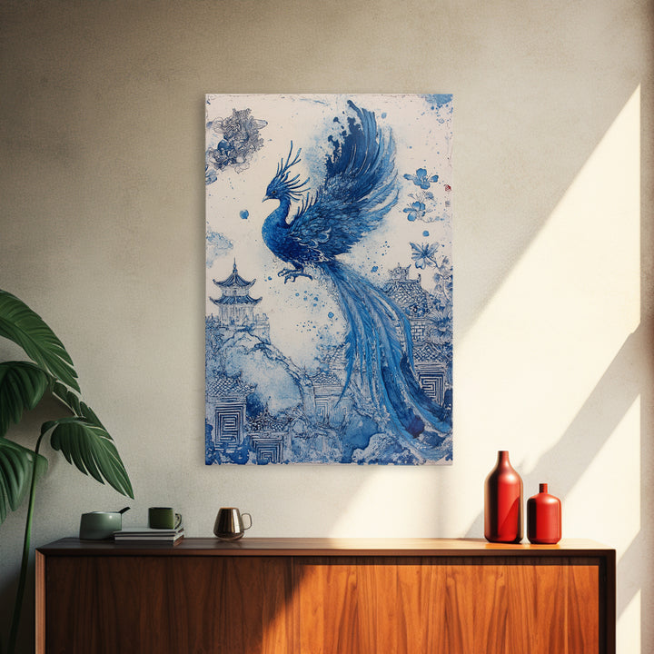 Chinoiserie Phoenix Wall Art, Framed Canvas Print, Chinoiserie Painting, Unique Phoenix Home Decor, Unique Painting, Trendy Decor