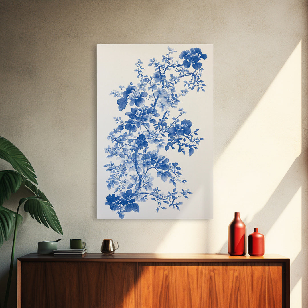Blue Floral Print, Chinoiserie Wall Art, Framed Canvas, Canvas Art Home Decor, Chinoiserie Style Painting