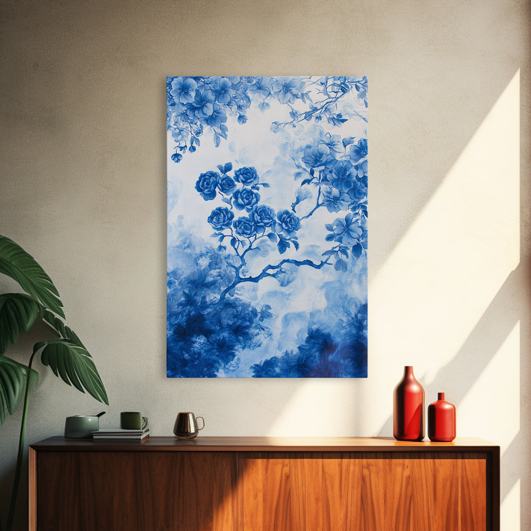 Blue Roses Chinoiserie Style Painting Print, Living Room Decor, Chinoiserie Wall Art, Chinoiserie Decor, Living Room Wall Art