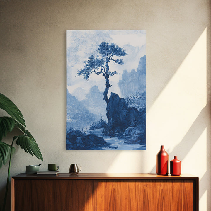 Chinoiserie Wall Art, Chinoiserie Style Canvas Print, Chinoiserie Blue Painting, Retro Boho Style Minimalist Wall Art, Blue Painting