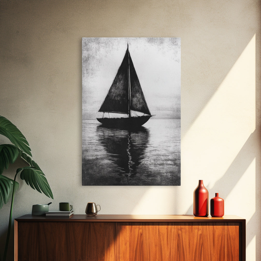 Charcoal Sketch of a Sailboat, Framed Canvas Print, Sailboat Painting, Minimalist Home Decor, Nautical Decor, Black and White Sailboat Art