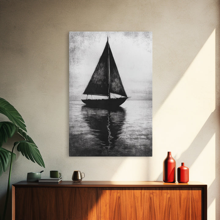 Charcoal Sketch of a Sailboat, Framed Canvas Print, Sailboat Painting, Minimalist Home Decor, Nautical Decor, Black and White Sailboat Art