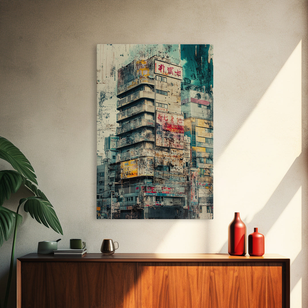 Cyberpunk Style Retro-Futurism Wall Art, Framed Canvas Print, Cyber Punk Home Decor, Cityscape Art