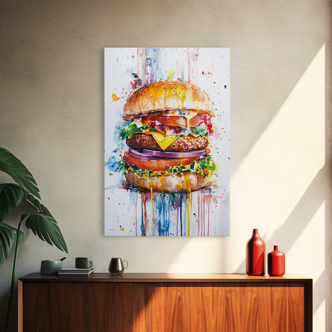 Cute Hamburger Painting Print, Kitchen Decor, Food Review Kitchen Art, Hamburger Wall Art, Kitchen Wall Art, Art For Kitchen