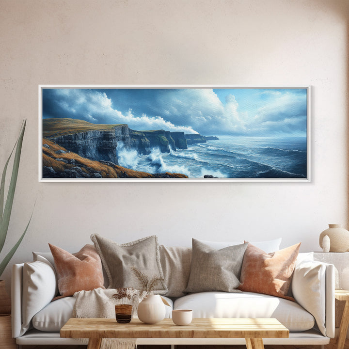 Cliffs of Moher Framed Canvas Print, Ready To Hang Ireland Painting, Irish Art, Ireland Wall Art, Horizontal Extra Large Wall Art