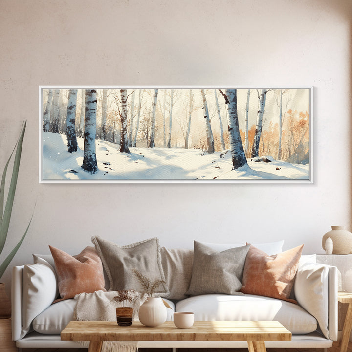 Birch Tree Forest In The Snow Covered Winter Framed Canvas Print, Panoramic Wall Art, Original Birch Tree Art, Birch Tree Painting, Horizontal Art
