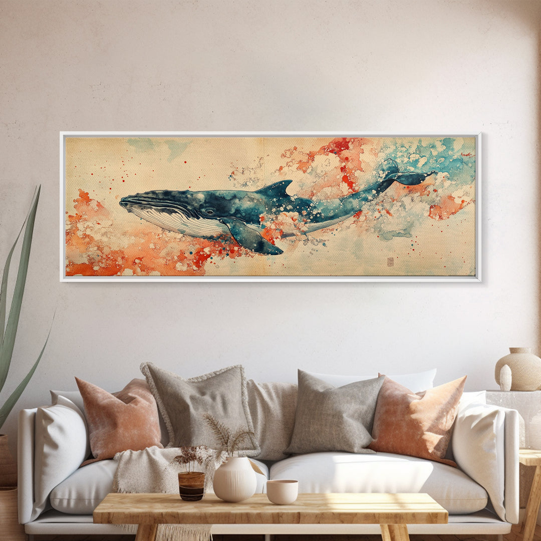 Panoramic Whale Painting Print | Wabi Sabi Home Decor | Japanese Style Art | Modern Living Room Art | Above Sofa Decor | Whale Wall Art