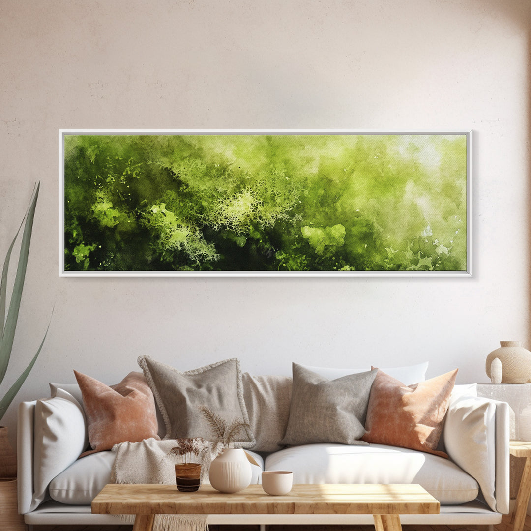 Moss Wall Art - Panoramic Canvas Print - Watercolor Painting of Green Moss