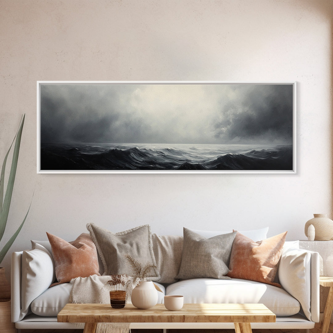 A storm rolls in over the ocean, framed canvas print - wood framed wall art - seascape painting - ocean painting